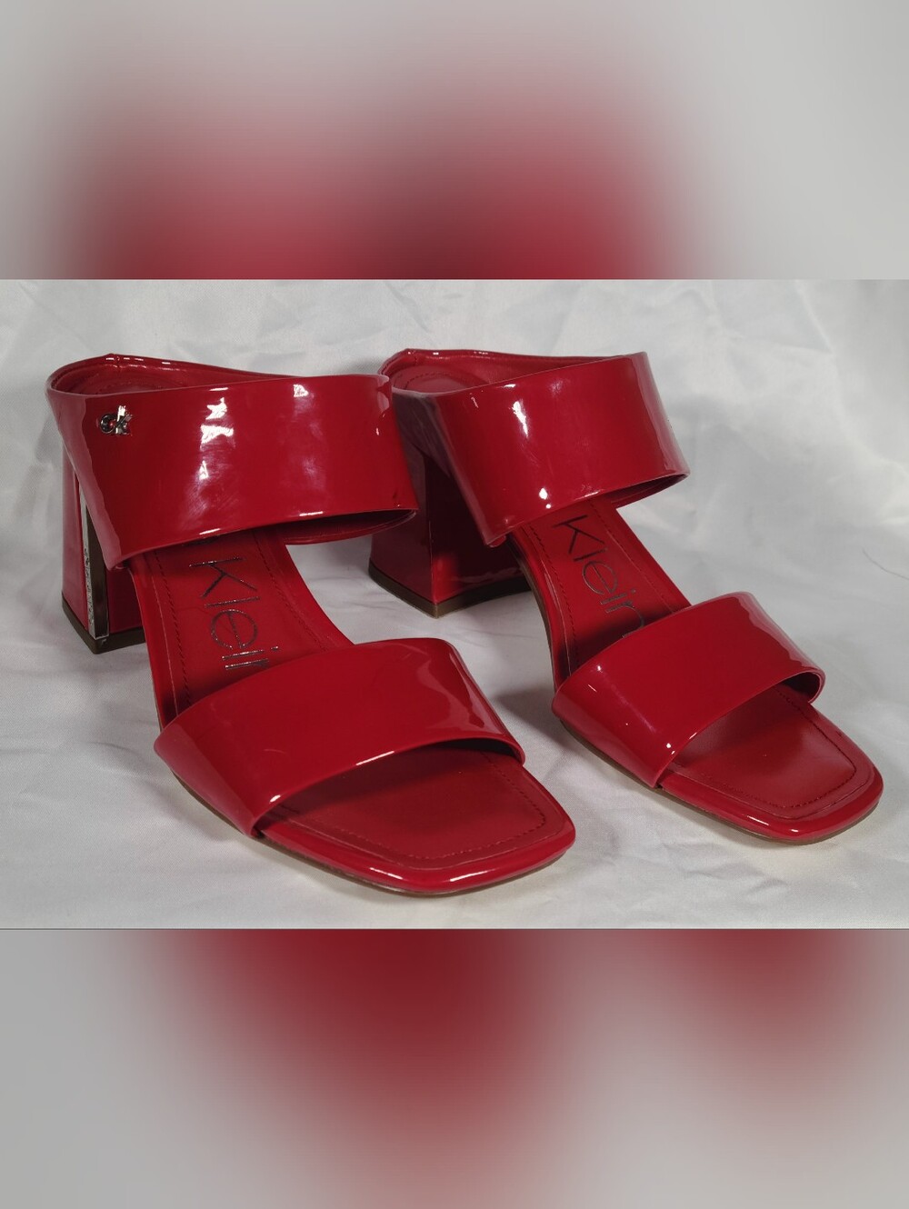 Calvin Klein Red Patent Block Heel Mules